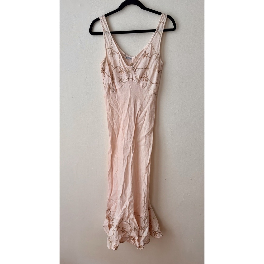 120% Lino Peach Embroidered 100% Linen Maxi Dress Size 42 Made In Italy